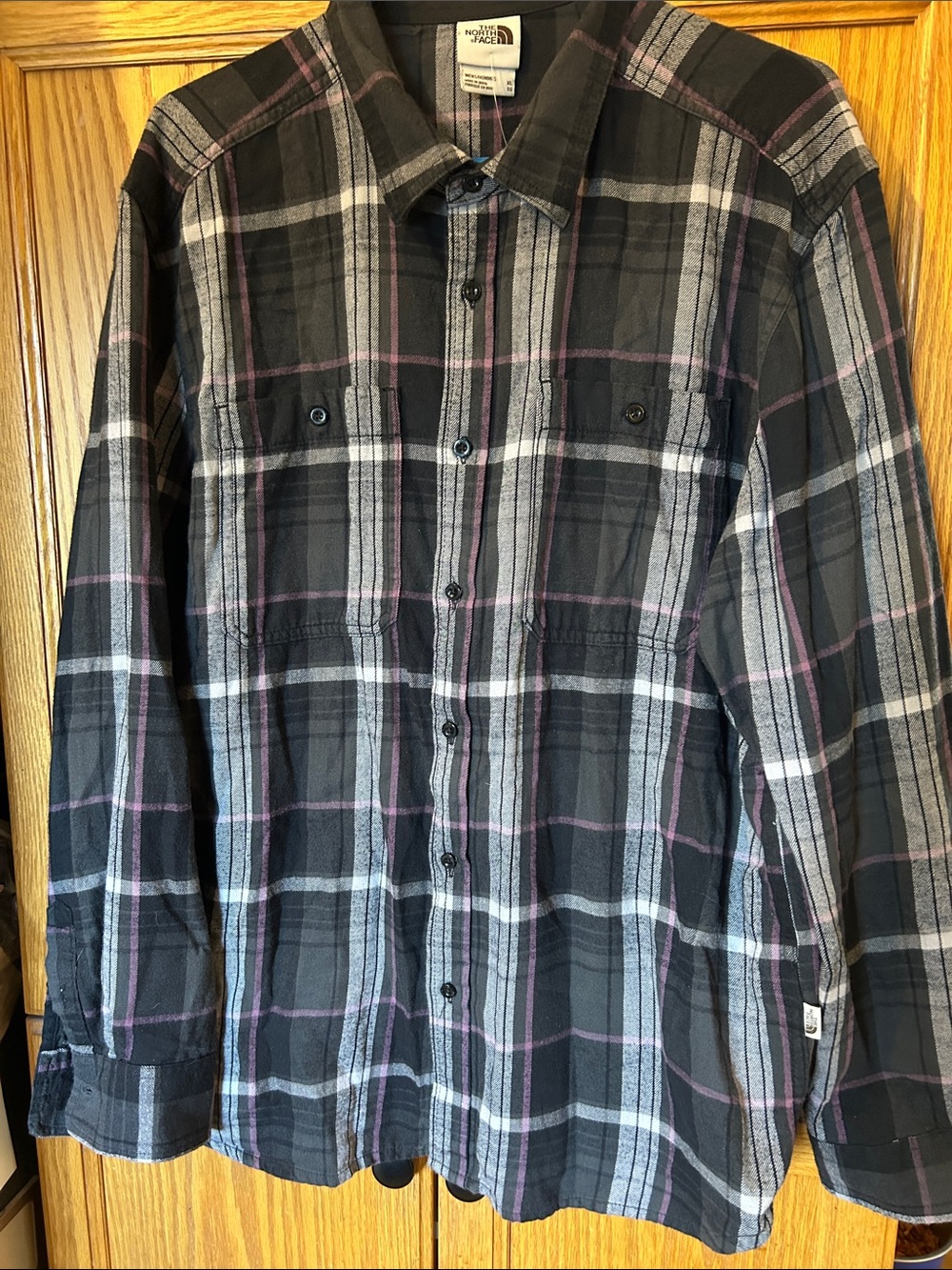 The North Face Men's Black Plaid Button-Down Shirt with Gray and Purple Stripes
